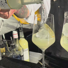 Bartender pouring Fizzy Fox Hydrate Lemon Soda into a glass filled with ice, showcasing a refreshing drink experience.