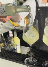 Bartender pouring Fizzy Fox Hydrate Lemon Soda into a glass filled with ice, showcasing a refreshing drink experience.